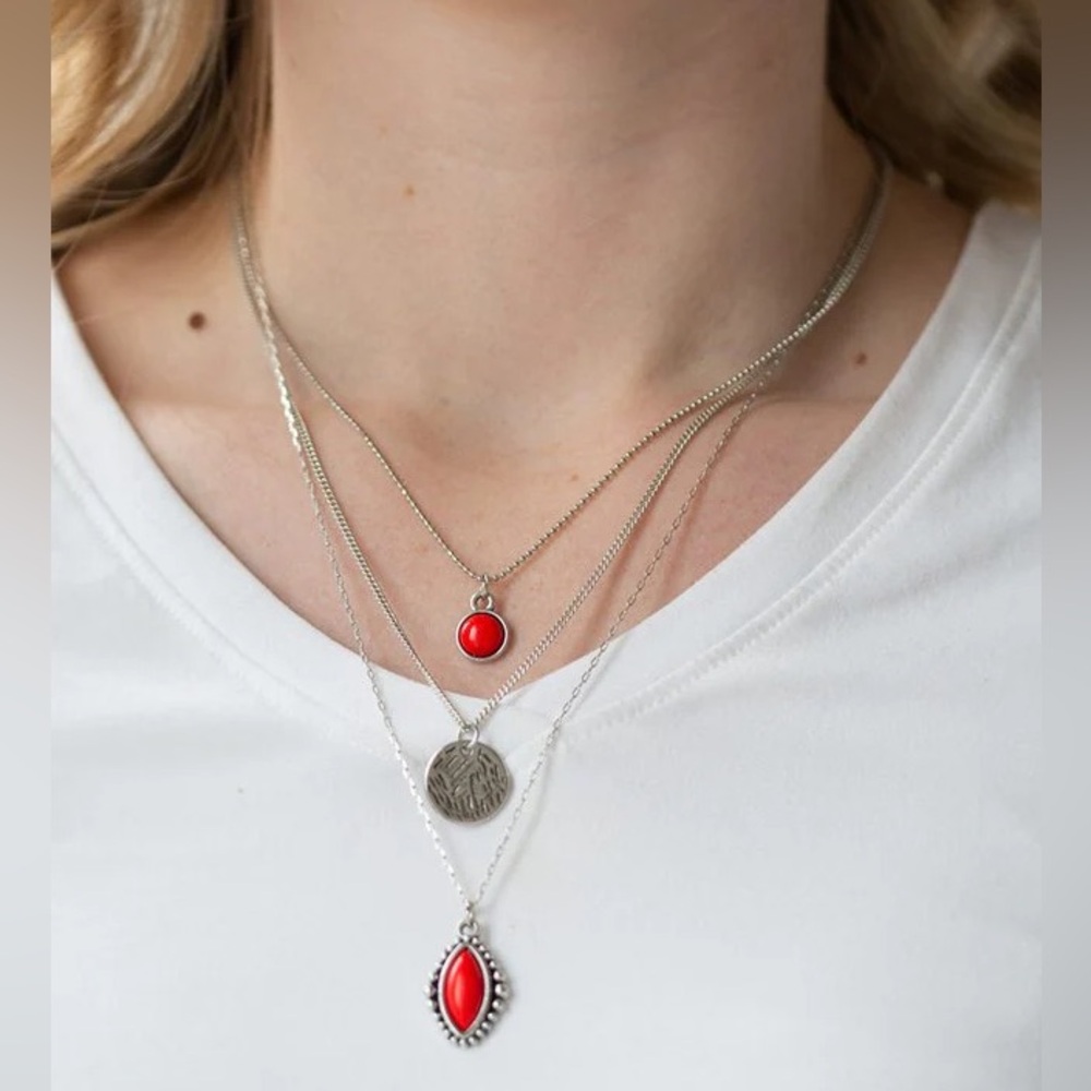 Vibrant red bead layered silver necklace
